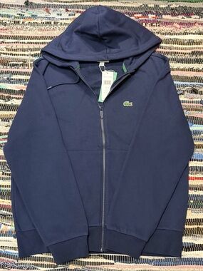 Lacoste Classic Fit Fleece Full Zip Hoodie Navy Blue Hooded Logo Rtl $125 NWT